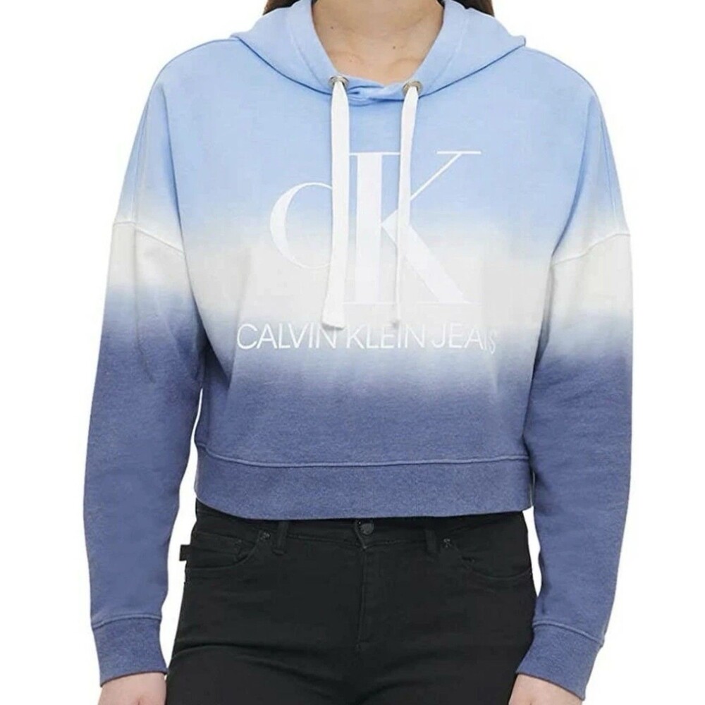 Calvin Klein Jeans Women’s Blue/White Colorblock Fleece Logo Hoodie Size M